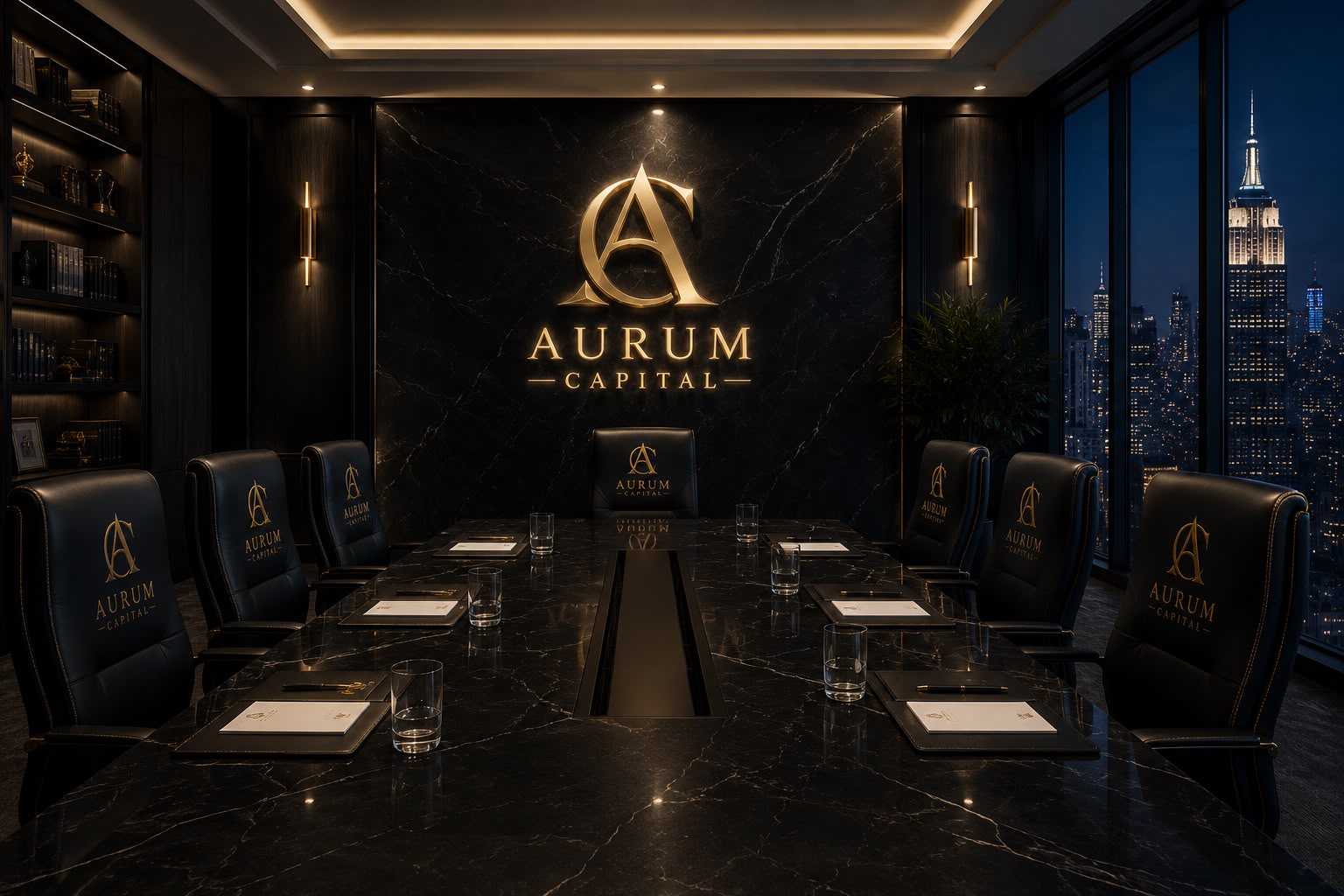 Aurum Prime private boardroom — black marble, gold monogram, Manhattan skyline
